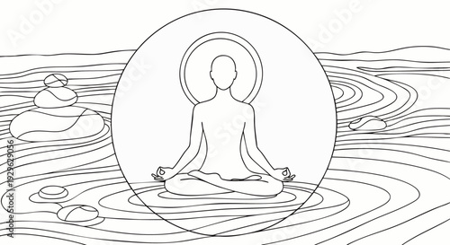 Zen meditation in a tranquil Japanese garden with raked sand and balanced stones, symbolizing peace and mindfulness.