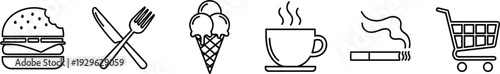  Minimalist Line Art Food Lifestyle Icons Vector Set with Burger Cutlery Ice Cream Coffee Cigarette and Shopping Cart for Menu App UI and Habit Designs
