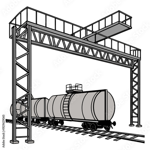 Industrial oil transport facility with loading gantry and tanker railcar