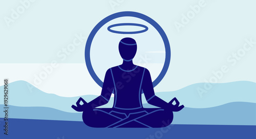 Serene Silhouette of a Person Meditating in Lotus Pose with a Halo Symbolizing Inner Peace and Enlightenment