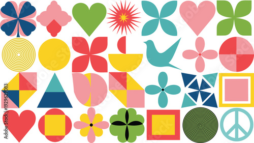 Colorful Abstract Geometric Shapes Flowers Hearts and Icons Vector Set