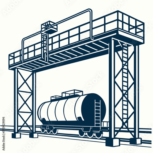 Industrial oil transport facility with loading platform and tanker railcar