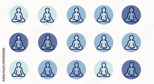 Seamless pattern of meditating people icons in circles, symbolizing yoga, mindfulness, and inner peace.