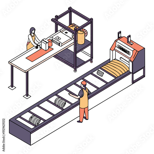 Garment factory production line with workers and conveyor belt