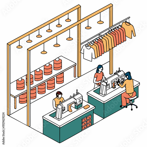 Garment manufacturing hall with workers sewing and fabric