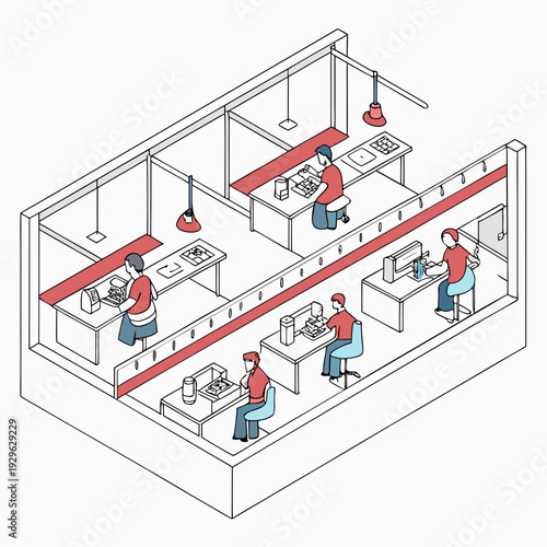 Clothing factory floor with workers assembling garments