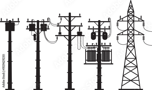 Renewable energy silhouette icons set with wind turbines, solar panels, high voltage transmission towers, and electrical utility poles for sustainable power grid infrastructure,