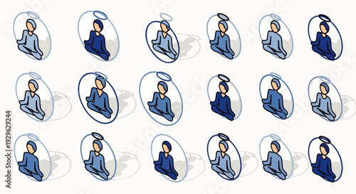 Isometric vector pattern of people meditating in lotus position, illustrating concepts of peace, mindfulness, spirituality, and mental well-being.