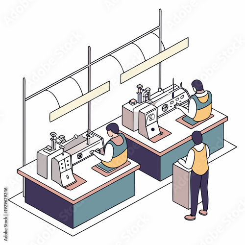 Industrial apparel factory workers operating sewing machines
