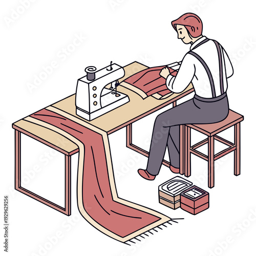 Man sewing fabric on a machine at a workspace