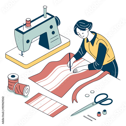 Woman cutting fabric with sewing machine and tools around