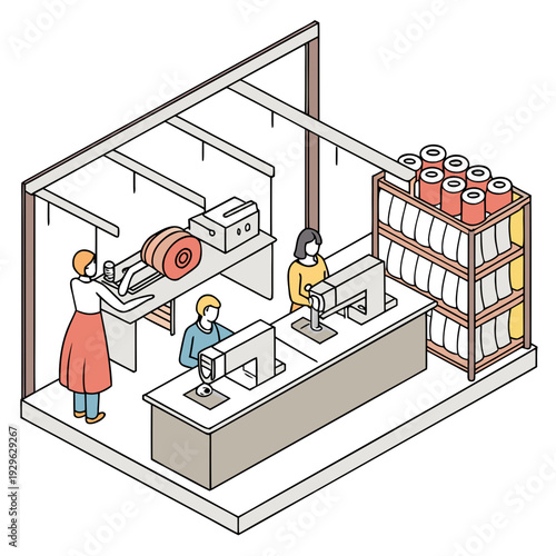 Apparel factory interior with workers and fabric rolls