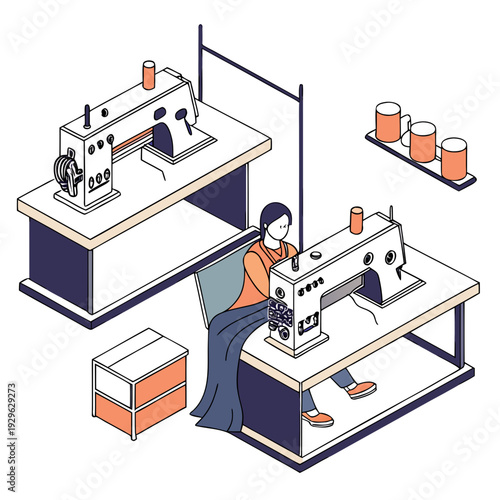 Woman sitting at sewing machine in apparel factory
