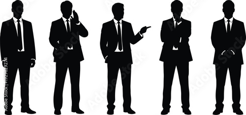 Business professional silhouette collection with men in suits standing talking and pointing isolated on white background vector illustration for corporate,