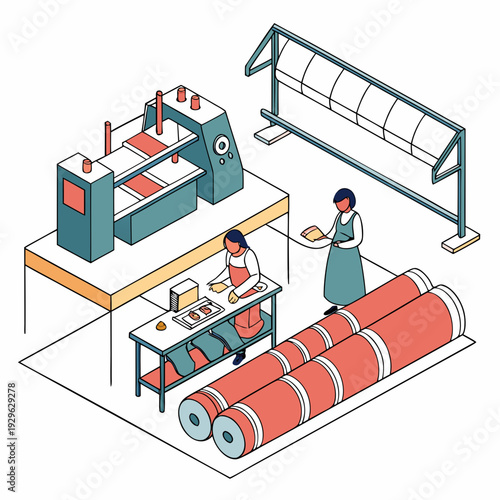 Garment factory workers sewing fabric rolls machinery