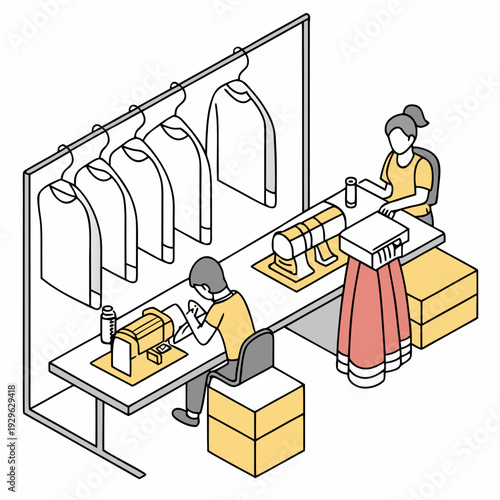 Garment factory workers sewing and folding clothes