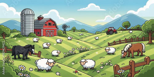 Cartoon Farm Landscape with Barn Tractor Horses and Sheep Grazing in Countryside Meadow Rural Agriculture Scene for Kids Illustration Vector