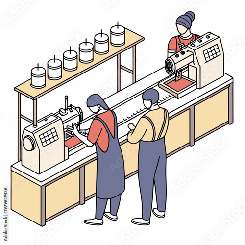 Garment production unit synchronized factory workers