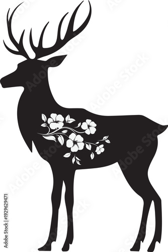 Deer Silhouette with Flowers Cutouts Decorative Design isolated on white background