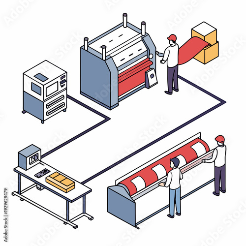 Industrial garment manufacturing scene with workers and machines