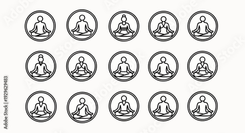 Collection of diverse people meditating in various cross-legged yoga poses, representing mindfulness, peace, and spiritual wellness through minimalist line art icons.