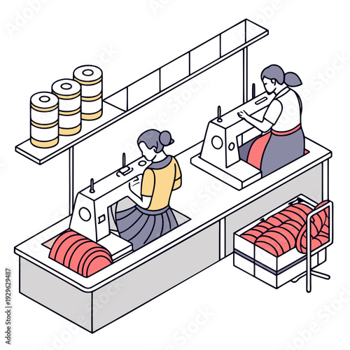 Isometric view of two women sewing at industrial machines with fabric rolls
