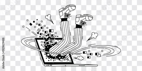 Social media addiction feet walking on laptop screen simple line drawing