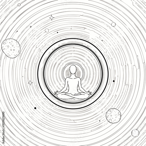 Meditating figure in a cosmic vortex, representing inner peace, mindfulness, and spiritual enlightenment in the universe.