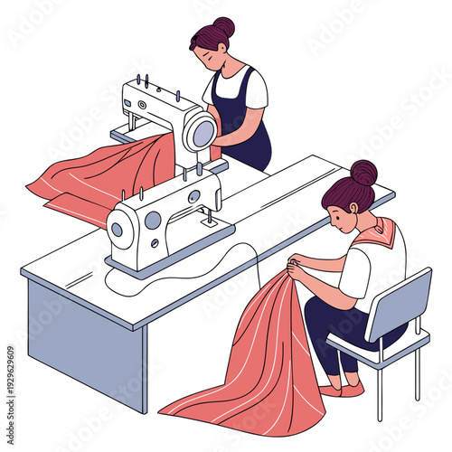 Two women working on sewing machines with red fabric