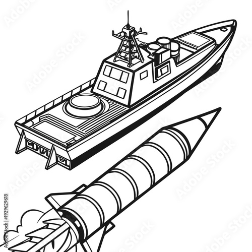 Black and white naval defense ship with missile naval ship