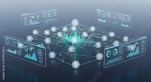 Complex network of interconnected nodes and screens displaying various data visualizations and graphs in a futuristic digital environment from a slightly elevated viewpoint