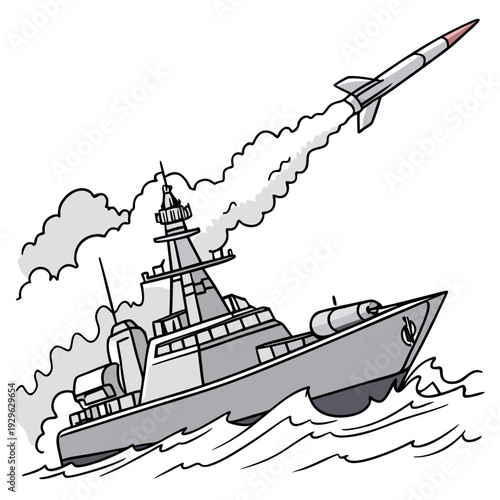 Gray warship launching missile from ocean naval