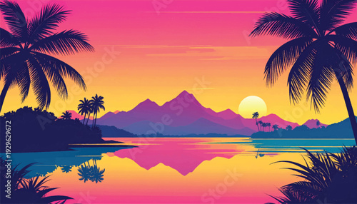 Tropical sunset illustration featuring reflective lagoon. Exotic island landscape artwork with vibrant horizon. Serene coastal scenery beneath glowing evening sky