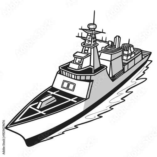 Gray warship with missile launcher on white background