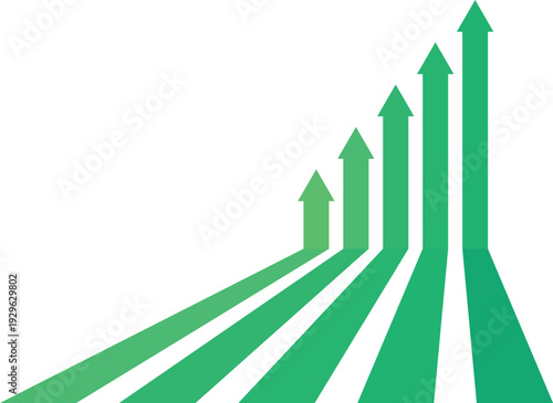 Business growth graph arrow vector illustration in green color with 5 arrows.