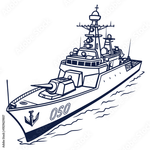 Navy warship with missile launcher and radar systems