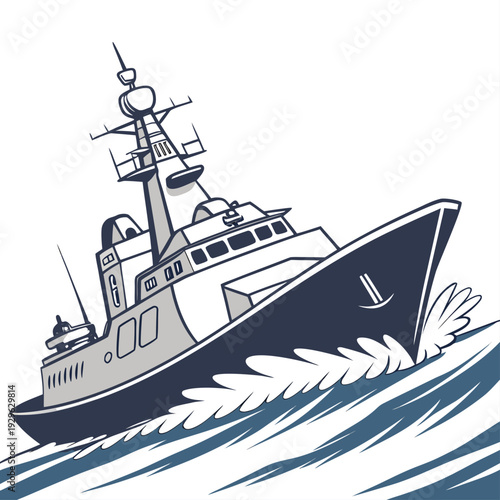 Dark blue and gray warship with missile launcher on turbulent water