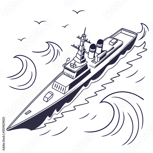 Dark blue warship with missile launchers on dynamic ocean waves