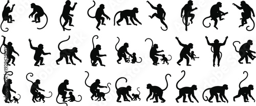 Monkey silhouette collection with primate family climbing jumping and playing with babies isolated on white background vector illustration for crafts,