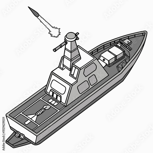 Gray naval vessel with missile launcher isolated cutout