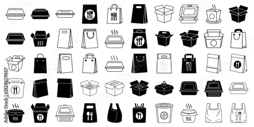 Takeaway Food Packaging Icon Set | Vector Delivery Box and Paper Bag Symbols for Restaurant, Catering, and Fast Food Service | Black and White Outline Container and Shopping Bag Illustrations