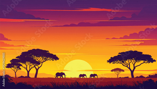 Savanna sunset illustration featuring roaming elephants. African wildlife landscape with golden horizon glow. Safari scenery artwork showing acacia trees at dusk