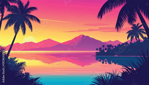 Vibrant equatorial dusk landscape with tranquil inlet. Stylized coastal illustration featuring radiant sunset. Dreamy island scenery crafted for luxury branding