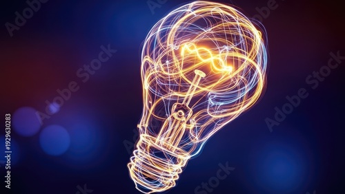 A glowing lightbulb with intricate yellow and blue neon lines on a dark background