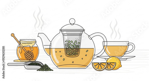Tea brewing with honey and lemon on a table setting
