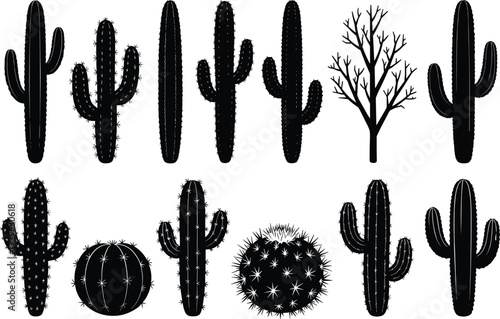 Set of black silhouette icons featuring various cactus species and desert plants isolated on white for western landscape and nature.