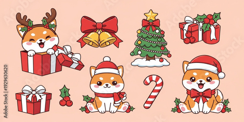 Cute Christmas Dog Cartoon Collection with Santa Hat Gift Boxes Candy Cane and Holiday Decorations Festive Vector Illustration Set