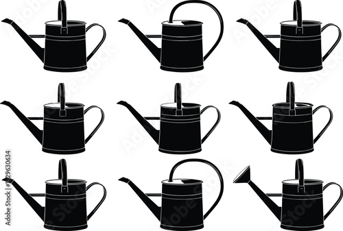Set of black silhouette icons featuring various classic metal watering cans for garden maintenance irrigation plants and home gardening project.