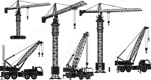 Tower cranes and mobile truck cranes collection, detailed black silhouette vector illustration, heavy construction equipment set, industrial lifting machinery concept design