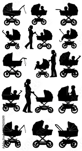 Set of 15 baby stroller and pram black silhouette vector icons